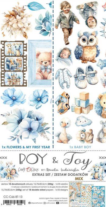 Ensemble de 18 feuilles, 15x30cm, collection : Boy & Toy - Craft O Clock, 250g