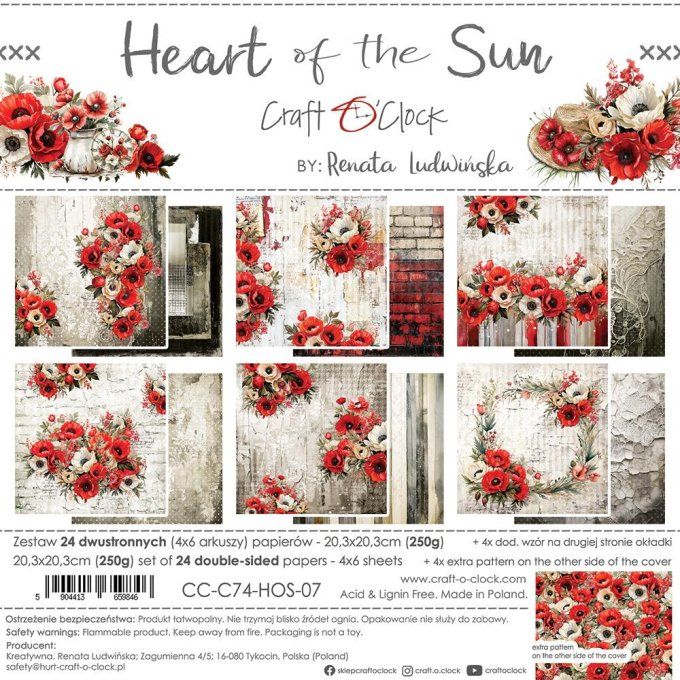 Ensemble de 24 feuilles, 20x20cm, collection : Heart of the sun - Craft O Clock, 250g