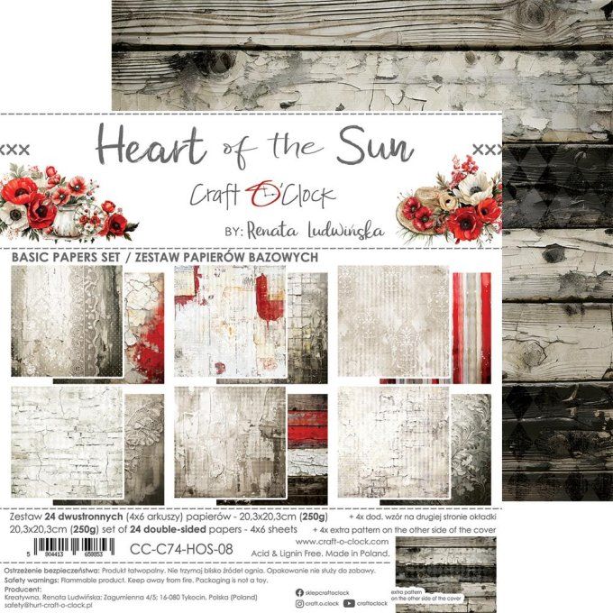 Ensemble de 24 feuilles, 20x20cm, collection : Heart of the sun - Craft O Clock, 250g