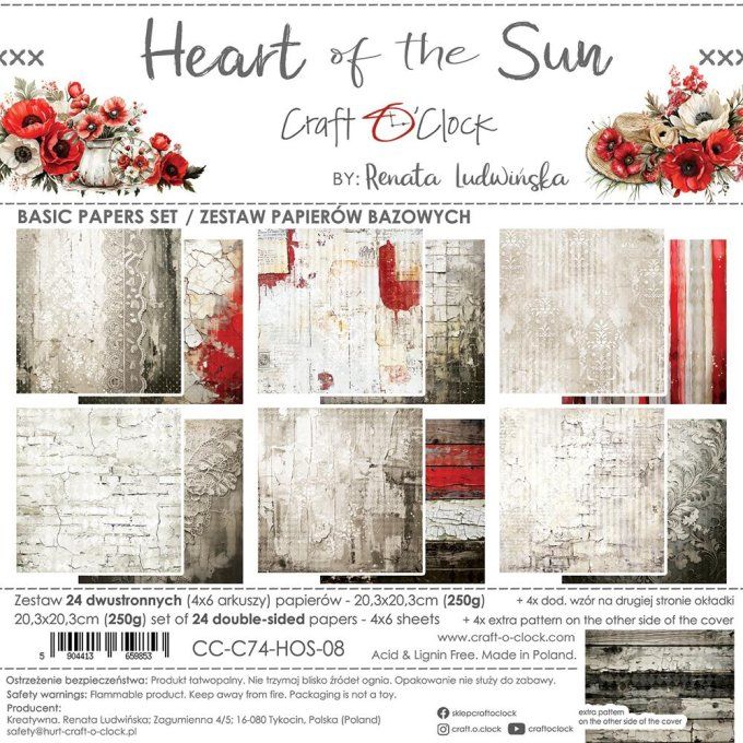 Ensemble de 24 feuilles, 20x20cm, collection : Heart of the sun - Craft O Clock, 250g