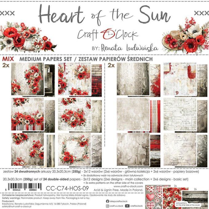 Ensemble de 24 feuilles, 20x20cm, collection : Heart of the sun - Craft O Clock, 250g - mix