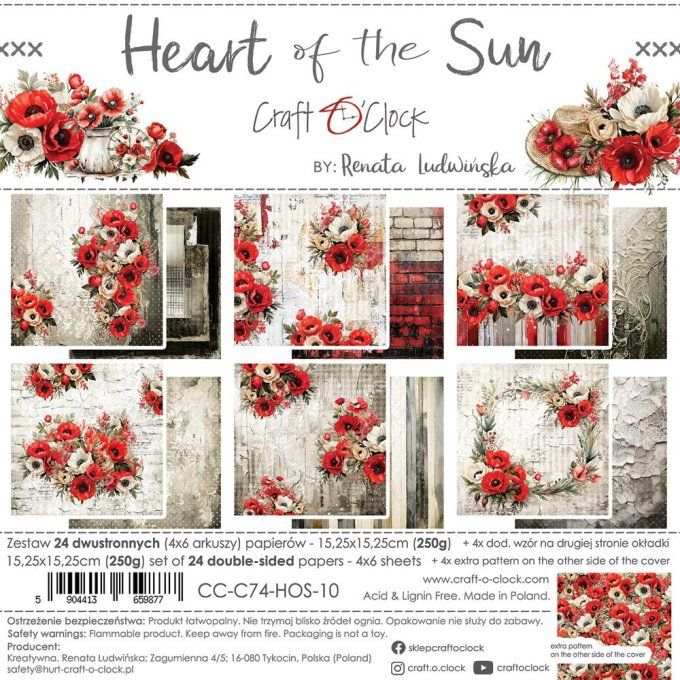 Ensemble de 24 feuilles, 15x15cm, collection : Heart of the sun - Craft O Clock, 250g