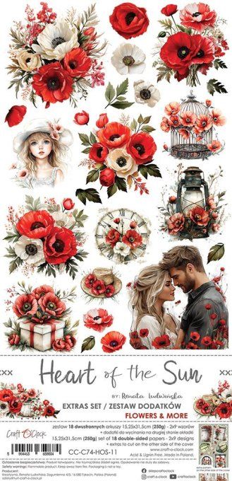 Ensemble de 18 feuilles, 15x30cm, collection : Heart of the sun, Craft O Clock, 250g