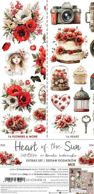 Ensemble de 18 feuilles, 15x30cm, collection : Heart of the sun, Craft O Clock, 250g - Mix