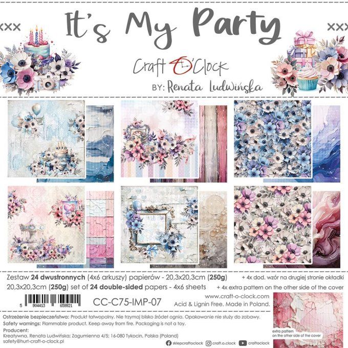 Ensemble de 24 feuilles, 20x20cm, collection : It's my party - Craft O Clock, 250g