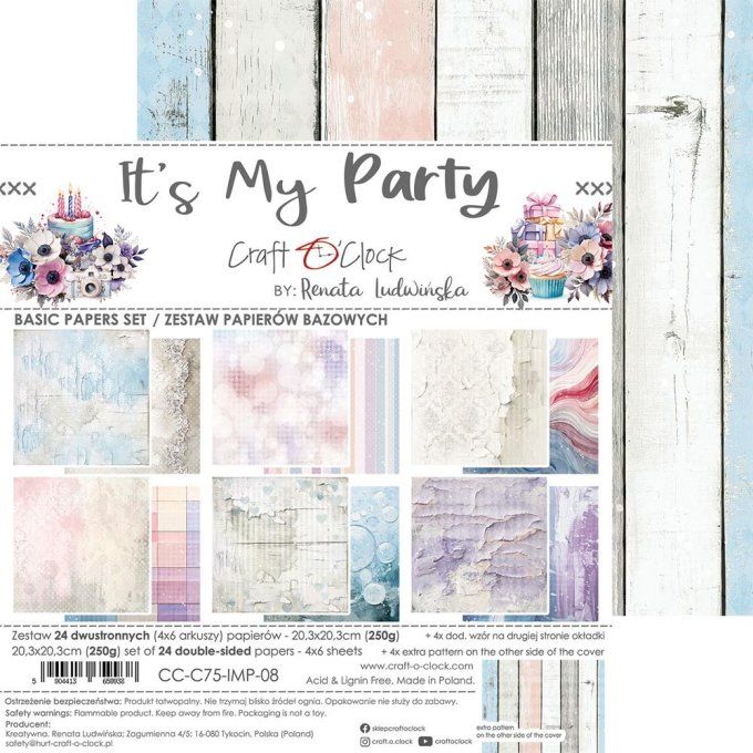Ensemble de 24 feuilles, 20x20cm, collection : It's my party - Craft O Clock, 250g