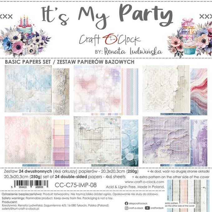 Ensemble de 24 feuilles, 20x20cm, collection : It's my party - Craft O Clock, 250g