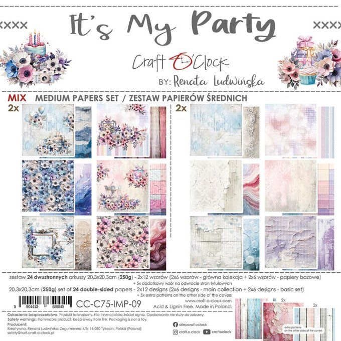 Ensemble de 24 feuilles, 20x20cm, collection : It's my party - Craft O Clock, 250g - Mix