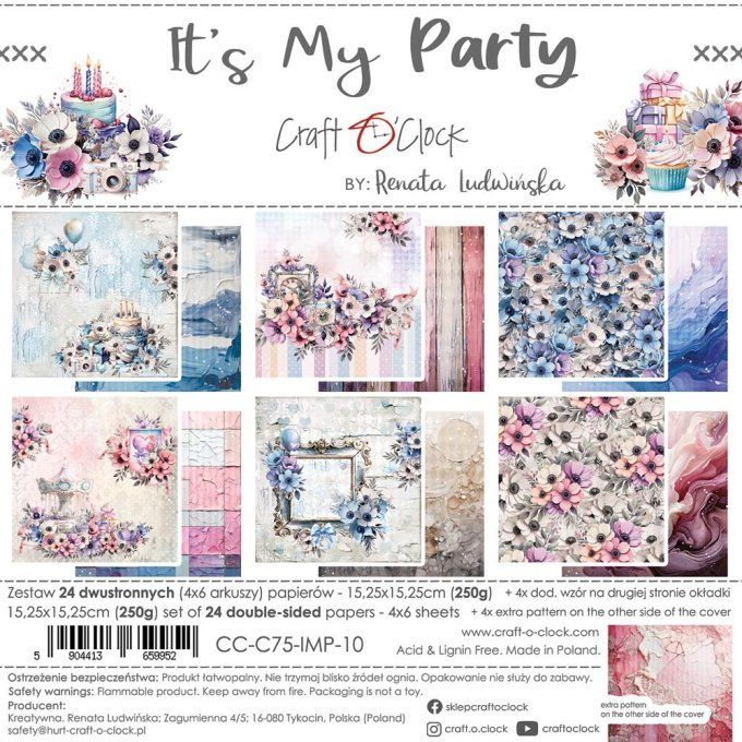 Ensemble de 24 feuilles, 15x15cm, collection : It's my party - Craft O Clock, 250g 