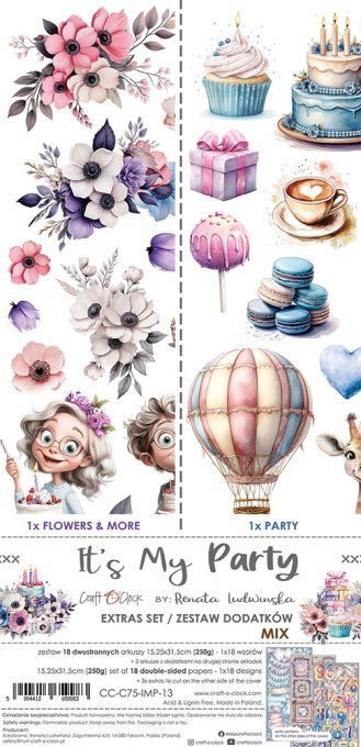 Ensemble de 18 feuilles, 15x30cm, collection : It's my party, Craft O Clock, 250g - mix