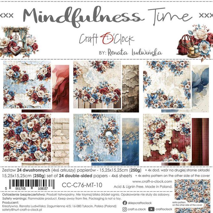 Ensemble de 24 feuilles, 15x15cm, collection : Mindfulness time - Craft O Clock, 250g 