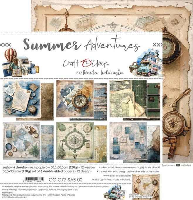 Ensemble de 6 feuilles, 30x30cm, collection : Summer adventures - Craft O Clock, 250g 