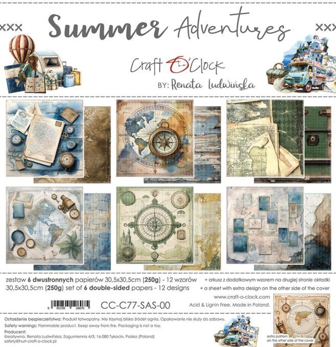 Ensemble de 6 feuilles, 30x30cm, collection : Summer adventures - Craft O Clock, 250g 