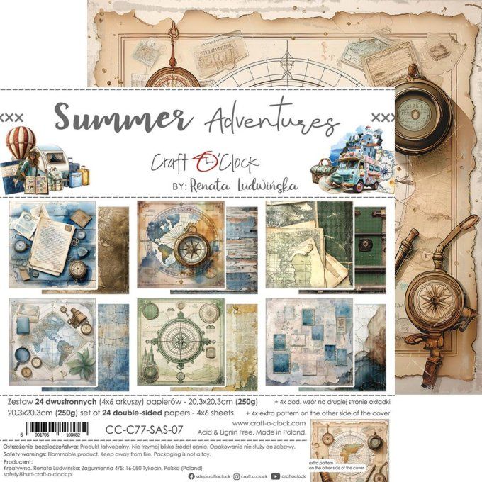 Ensemble de 24 feuilles, 20x20cm, collection : Summer adventures - Craft O Clock, 250g