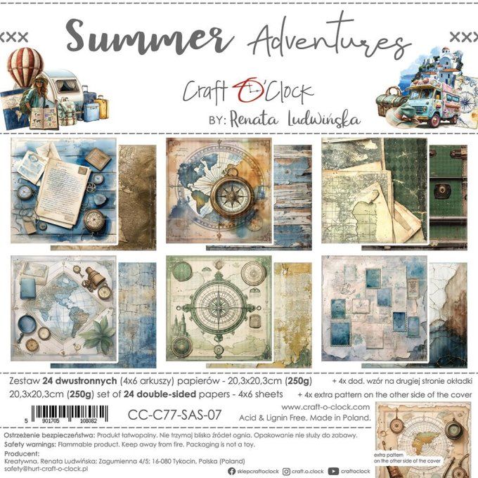 Ensemble de 24 feuilles, 20x20cm, collection : Summer adventures - Craft O Clock, 250g