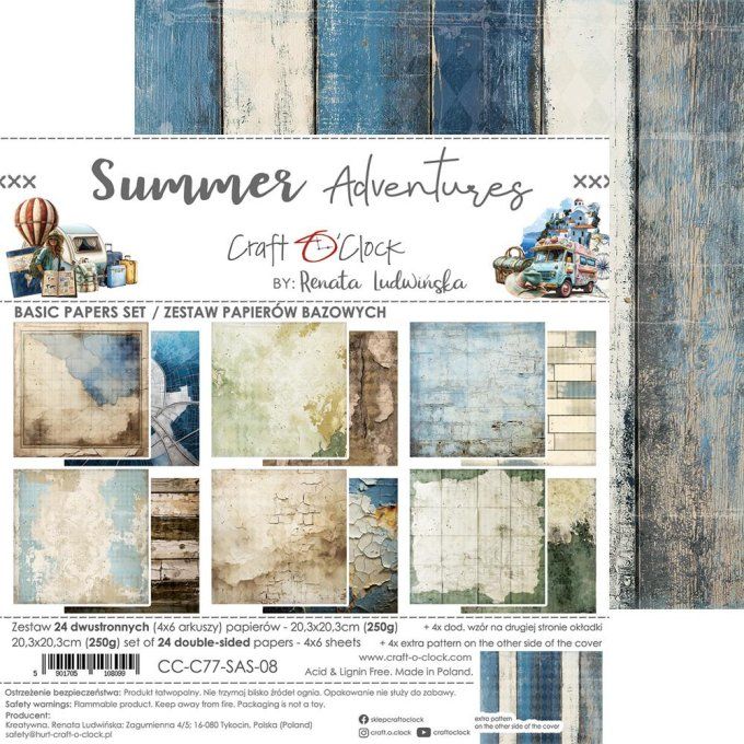 Ensemble de 24 feuilles, 20x20cm, collection : Summer adventures - Craft O Clock, 250g