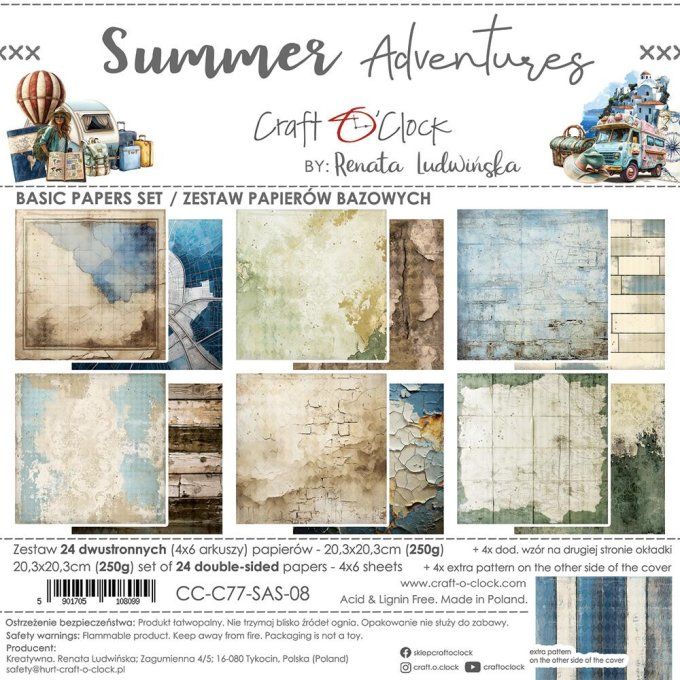 Ensemble de 24 feuilles, 20x20cm, collection : Summer adventures - Craft O Clock, 250g