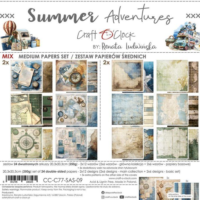 Ensemble de 24 feuilles, 20x20cm, collection : Summer adventures - Craft O Clock, 250g - Mix