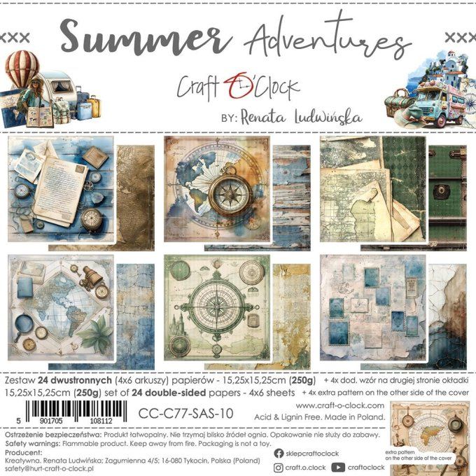 Ensemble de 24 feuilles, 15x15cm, collection : Summer adventures - Craft O Clock, 250g