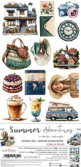 Ensemble de 18 feuilles, 15x30cm, collection : Summer adventures, Craft O Clock, 250g 