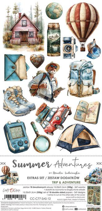 Ensemble de 18 feuilles, 15x30cm, collection : Summer Adventures, Craft O Clock, 250g