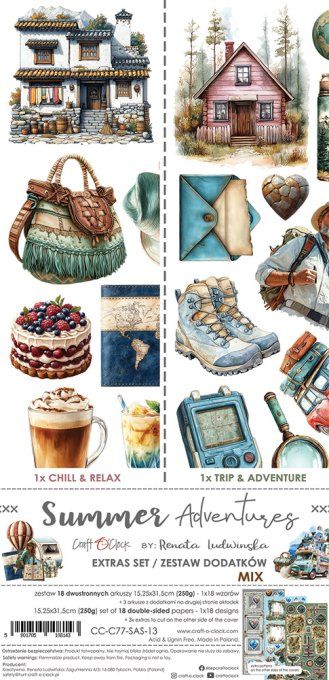 Ensemble de 18 feuilles, 15x30cm, collection : Summer Adventures, Craft O Clock, 250g - Mix