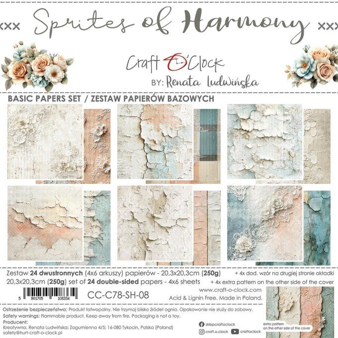 24 feuilles, 20x20cm, collection : Sprites of harmony - Craft O Clock, 250g - Basic paper