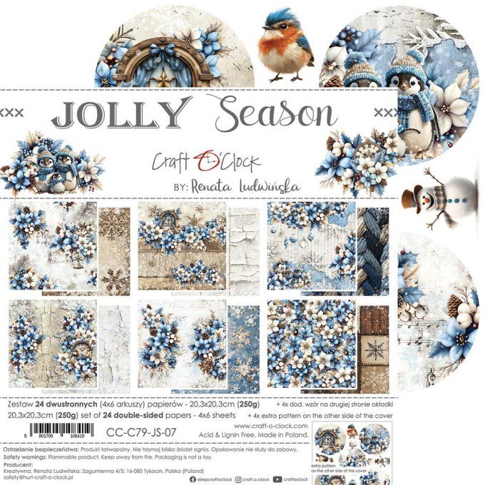 Ensemble de 24 feuilles, 20x20cm, collection : Jolly season - Craft O Clock, 250g