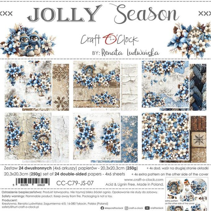 Ensemble de 24 feuilles, 20x20cm, collection : Jolly season - Craft O Clock, 250g