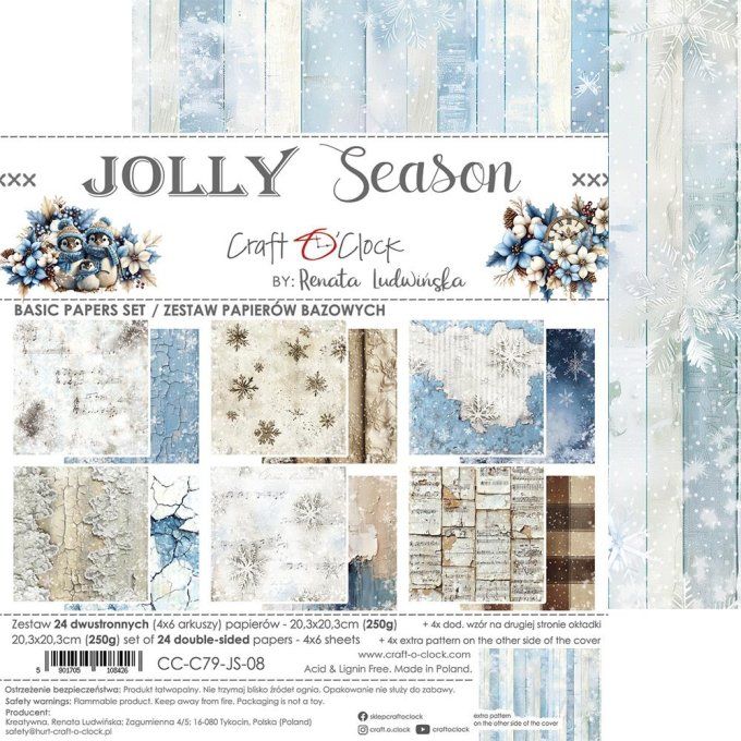 Ensemble de 24 feuilles, 20x20cm, collection : Jolly season - Craft O Clock, 250g - Basic paper