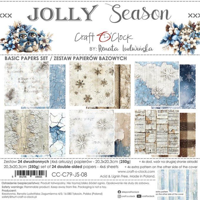 Ensemble de 24 feuilles, 20x20cm, collection : Jolly season - Craft O Clock, 250g - Basic paper