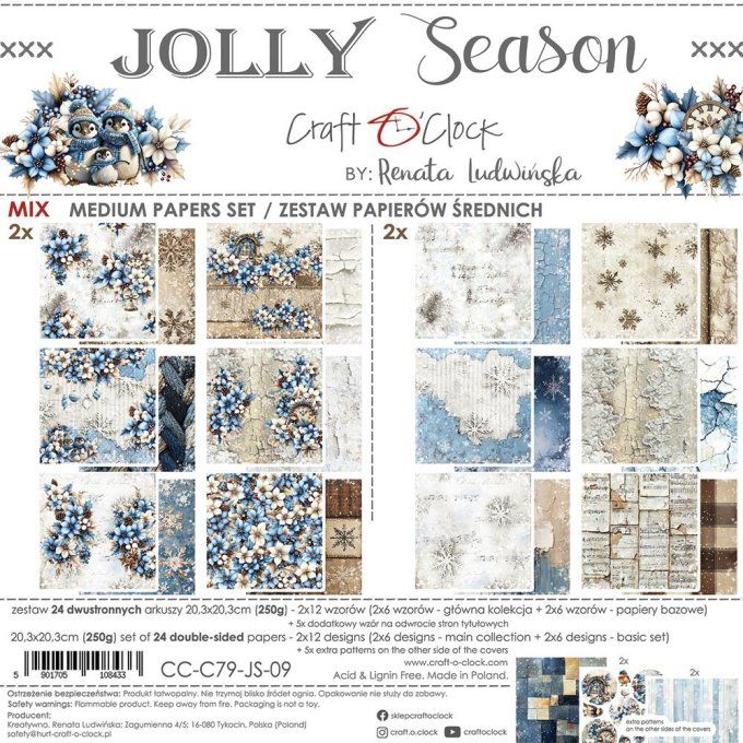 Ensemble de 24 feuilles, 20x20cm, collection : Jolly season - Craft O Clock, 250g - Mix