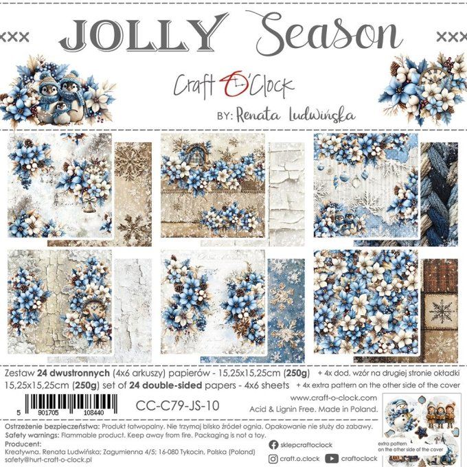 Ensemble de 24 feuilles, 15x15cm, collection : Jolly season - Craft O Clock, 250g