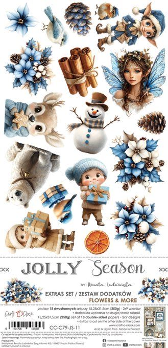 Ensemble de 18 feuilles, 15x30cm, collection : Jolly season, Craft O Clock, 250g - Mix