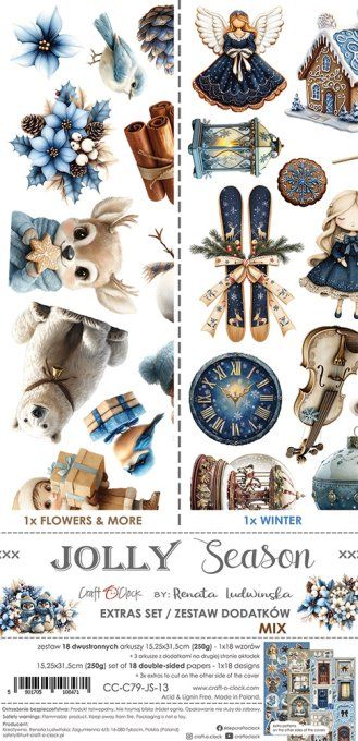Ensemble de 18 feuilles, 15x30cm, collection : Jolly season, Craft O Clock, 250g - Mix