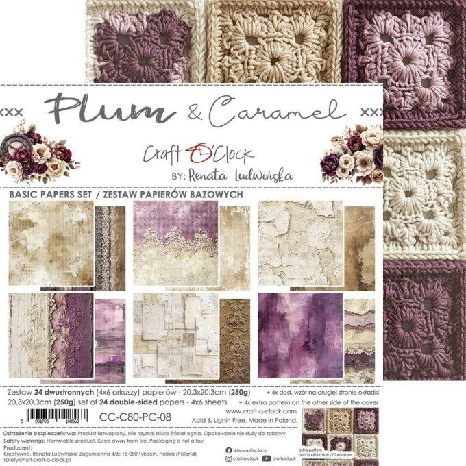 24 feuilles, 20x20cm, collection : Plum & Caramel - Craft O Clock, 250g - Basic paper