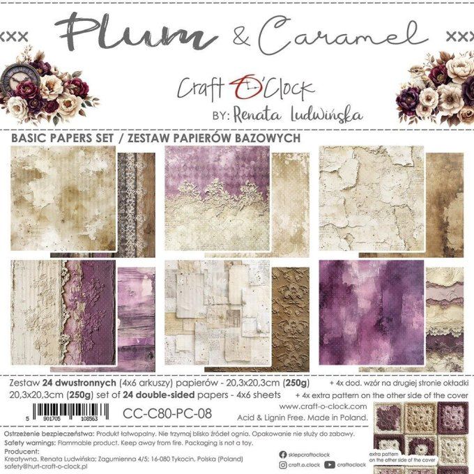 24 feuilles, 20x20cm, collection : Plum & Caramel - Craft O Clock, 250g - Basic paper