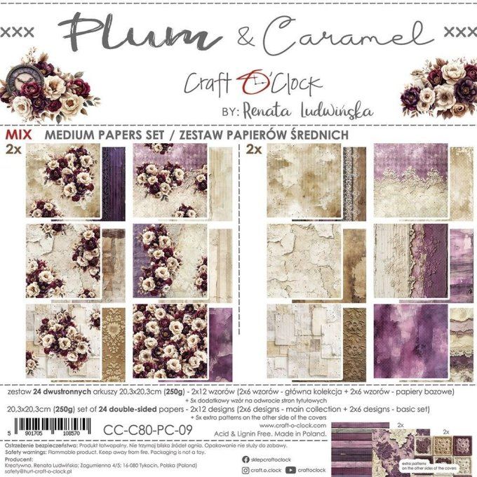 24 feuilles, 20x20cm, collection : Plum & Caramel - Craft O Clock, 250g - Mix