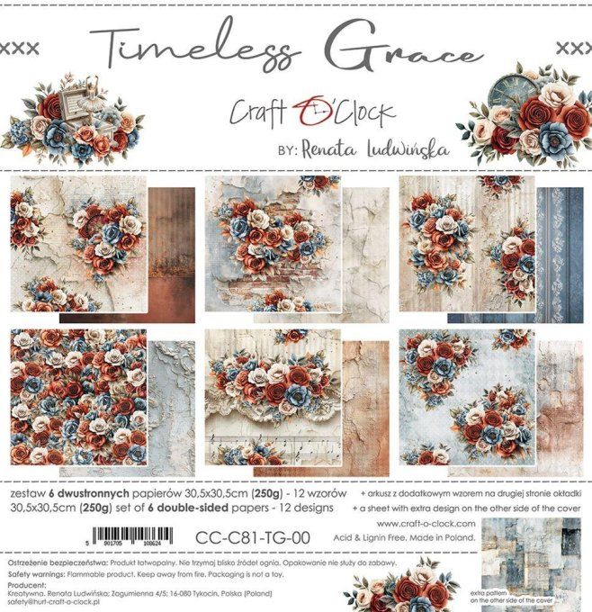 6 feuilles, 30x30cm, collection : Timeless Grace - Craft O Clock, 250g