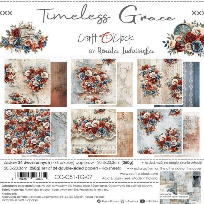 24 feuilles, 20x20cm, collection : Timeless Grace - Craft O Clock, 250g