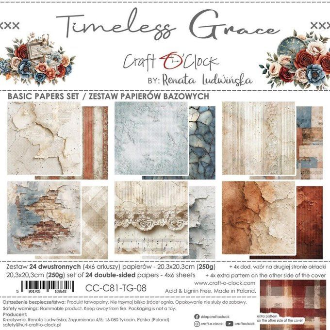 24 feuilles, 20x20cm, collection : Timeless Grace - Craft O Clock, 250g - Mix