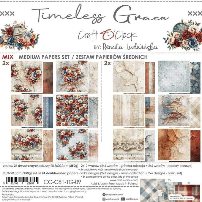 24 feuilles, 20x20cm, collection : Timeless Grace - Craft O Clock, 250g - Mix