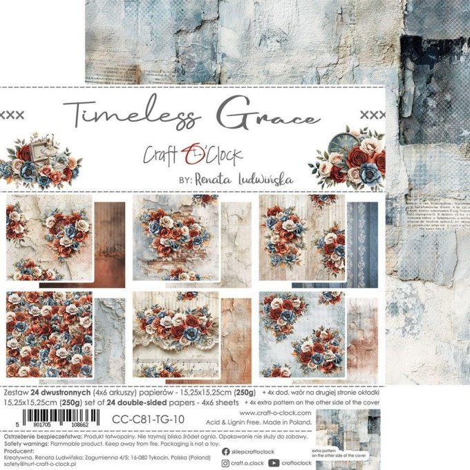 24 feuilles, 15x15cm, collection : Timeless Grace - Craft O Clock, 250g