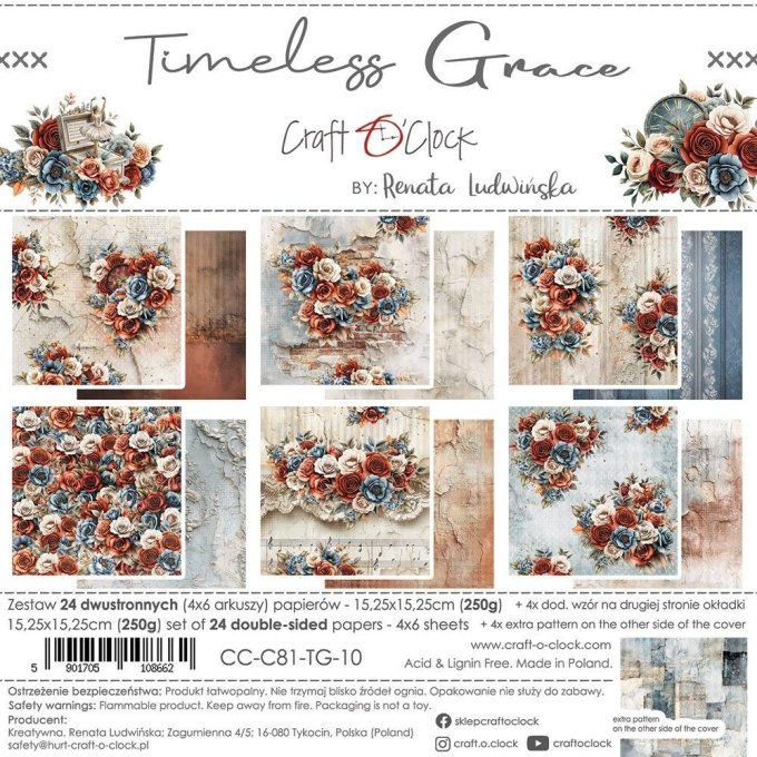 24 feuilles, 15x15cm, collection : Timeless Grace - Craft O Clock, 250g
