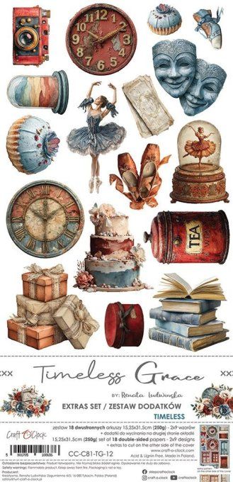 Ensemble de 18 feuilles, 15x30cm, collection : Timeless Grace, Craft O Clock, 250g - Mix
