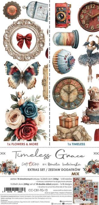 Ensemble de 18 feuilles, 15x30cm, collection : Timeless Grace, Craft O Clock, 250g - Mix