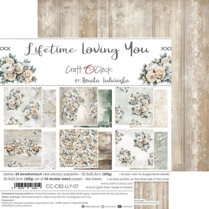 24 feuilles, 20x20cm, collection : Lifetime Loving You universe - Craft O Clock, 250g