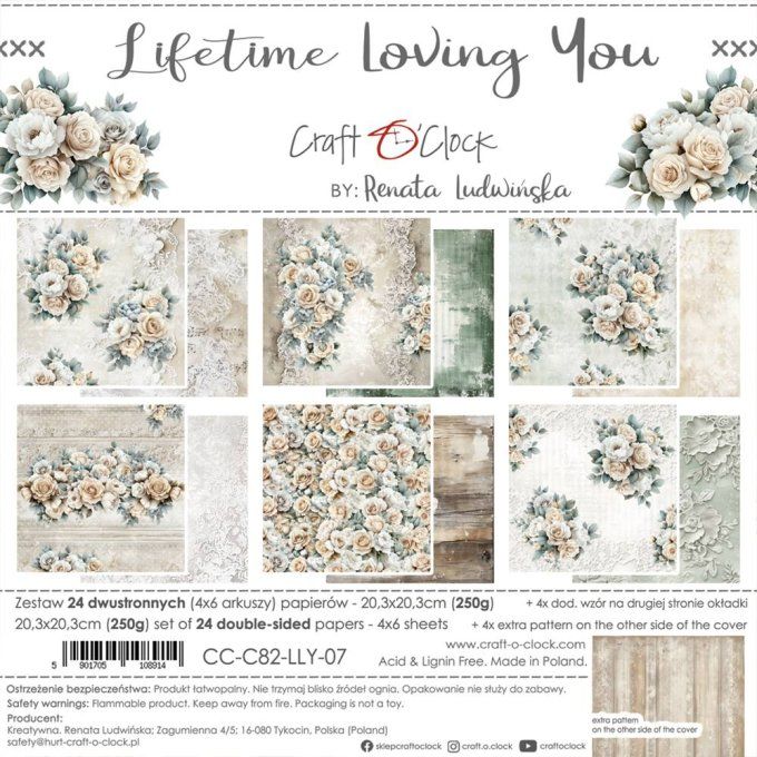 24 feuilles, 20x20cm, collection : Lifetime Loving You universe - Craft O Clock, 250g
