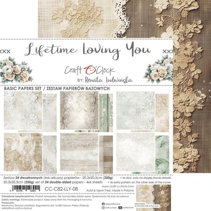 24 feuilles, 20x20cm, collection : Lifetime Loving You universe - Craft O Clock, 250g - Basic paper