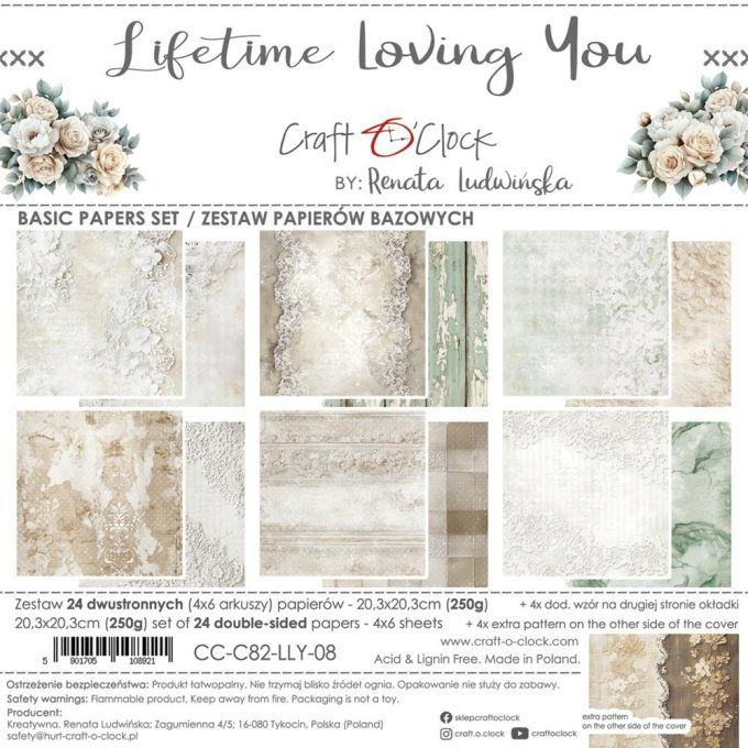 24 feuilles, 20x20cm, collection : Lifetime Loving You universe - Craft O Clock, 250g - Basic paper